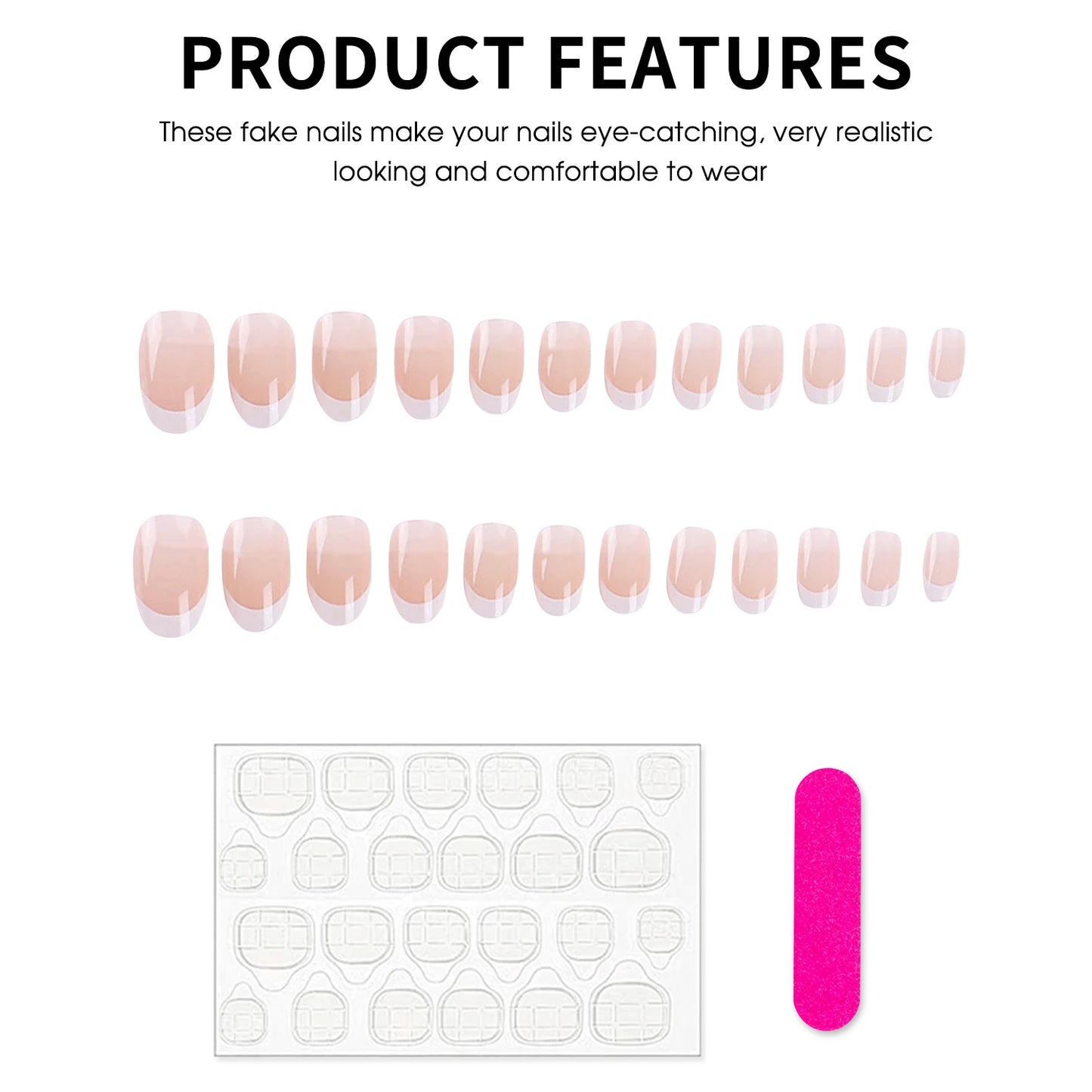 Nude Color Fake Nails for Women and Girls Short Round Head Press on Nails White French Tip