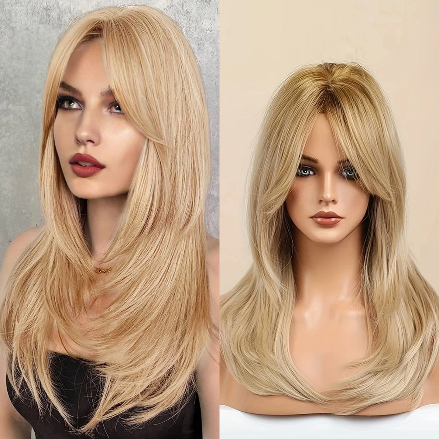 Ombre Color Blonde Wig with Bangs Long Straight  Wigs for Women Synthetic Wig Dark Roots