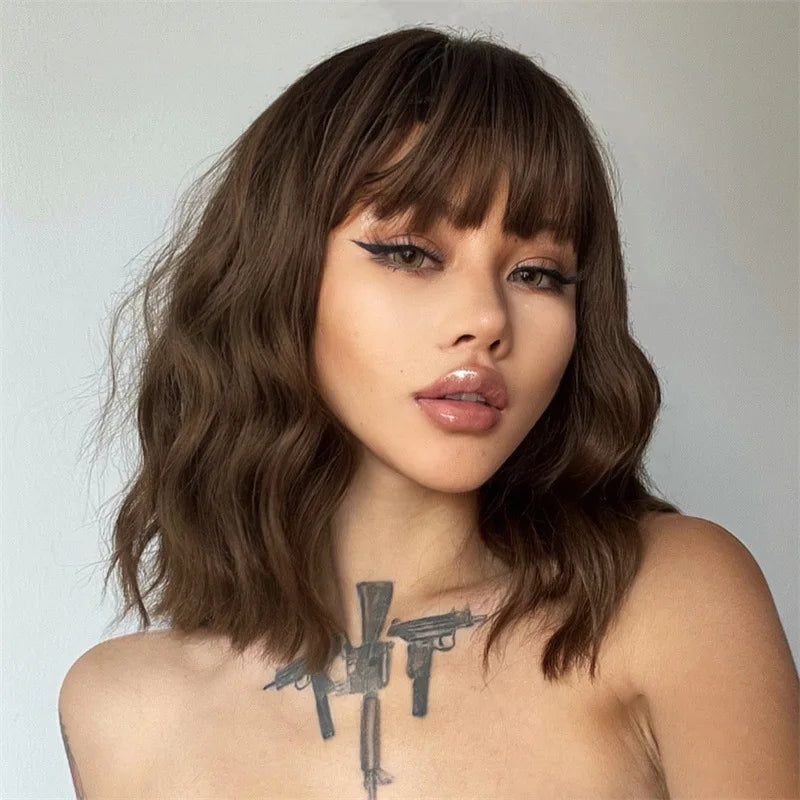 Fashion wig Women's mid-length curly hair air bangs Burgundy shoulder length corn perm synthetic fiber wig set