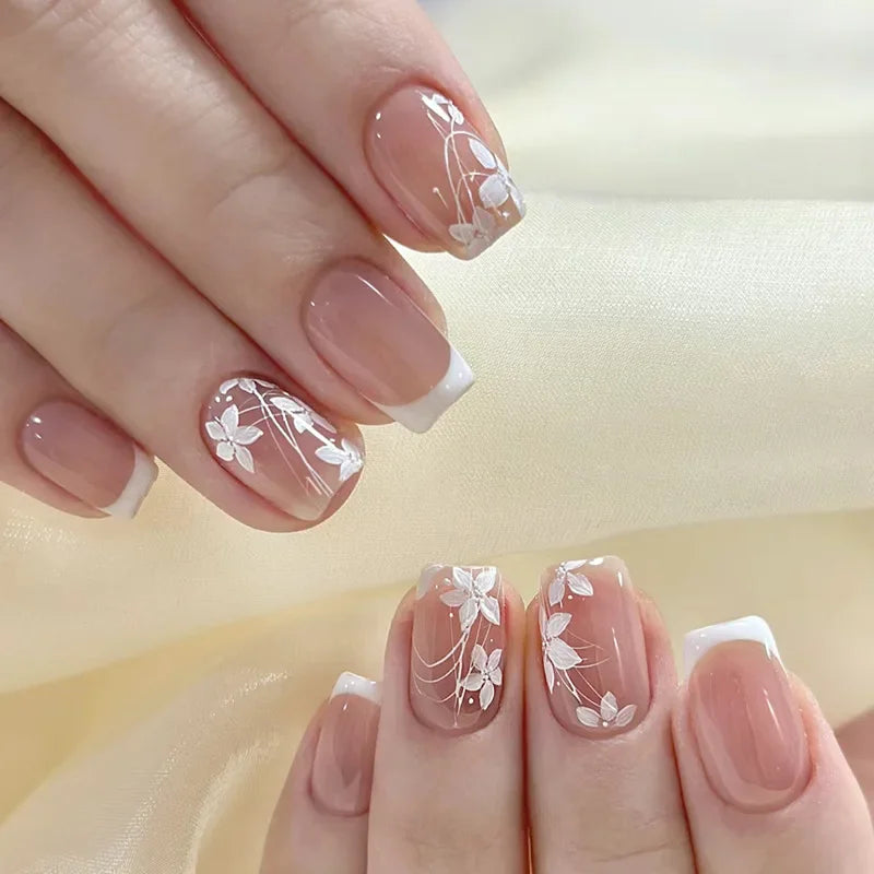 24Pcs Short Almond Press-On Nails Pink Floral French Tip Glossy&Elegant Full Cover Fake Nails