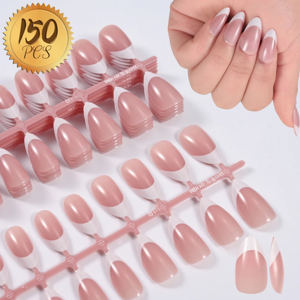 360/150pcs/box Nude Pink Almond French False Nails White Tip Design Short Wearing Fake Nails
