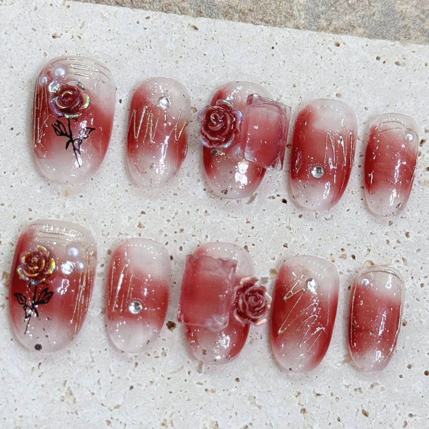 Amber Press On Nails With Gold Dust Handmade Brown Color Nails Short Round Fake Nail