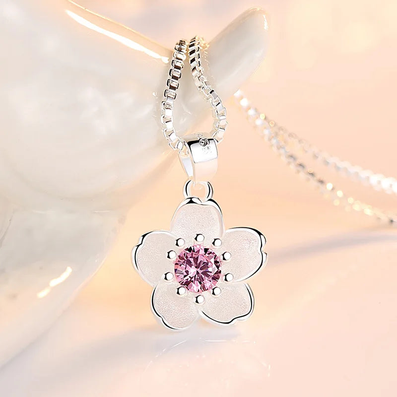925 Sterling Silver Pink Purple Peach Blossom Necklaces For Women Retro Luxury Jewelry