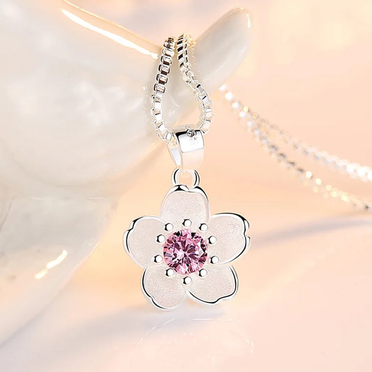 925 Sterling Silver Pink Purple Peach Blossom Necklaces For Women Retro Luxury Jewelry