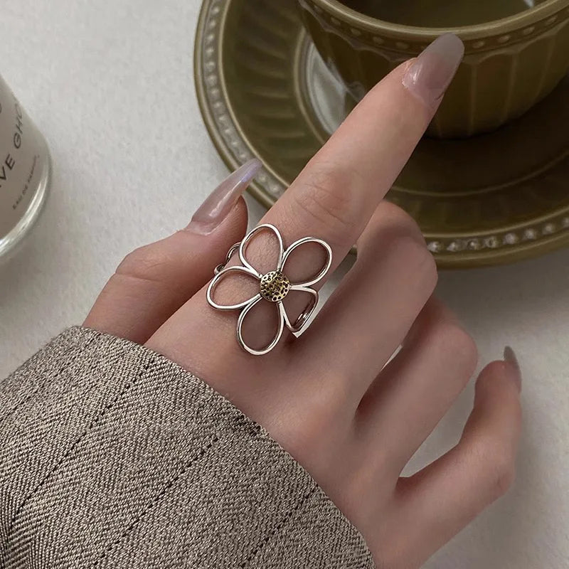 925 Sterling Silver Rings for Women Couple Minimalist Handmade Simple Big Flower Ring Party Jewelry Gift
