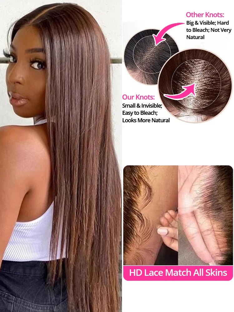 #4 Chocolate Brown Human Hair Wig Bone Straight 13x6 13x4 HD Lace Frontal Human Hair Wigs 250 Density 30 32Inches Wig For Women