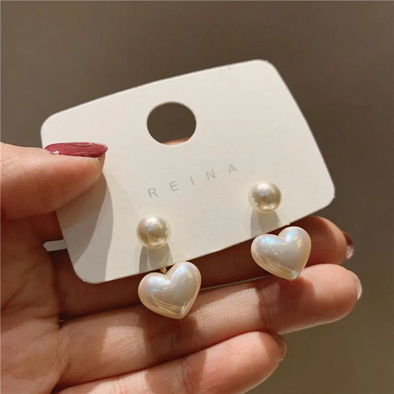 Imitation Pearl Earrings For Women Heart Round Stud Earrings Elegant Love Ear Stud Party