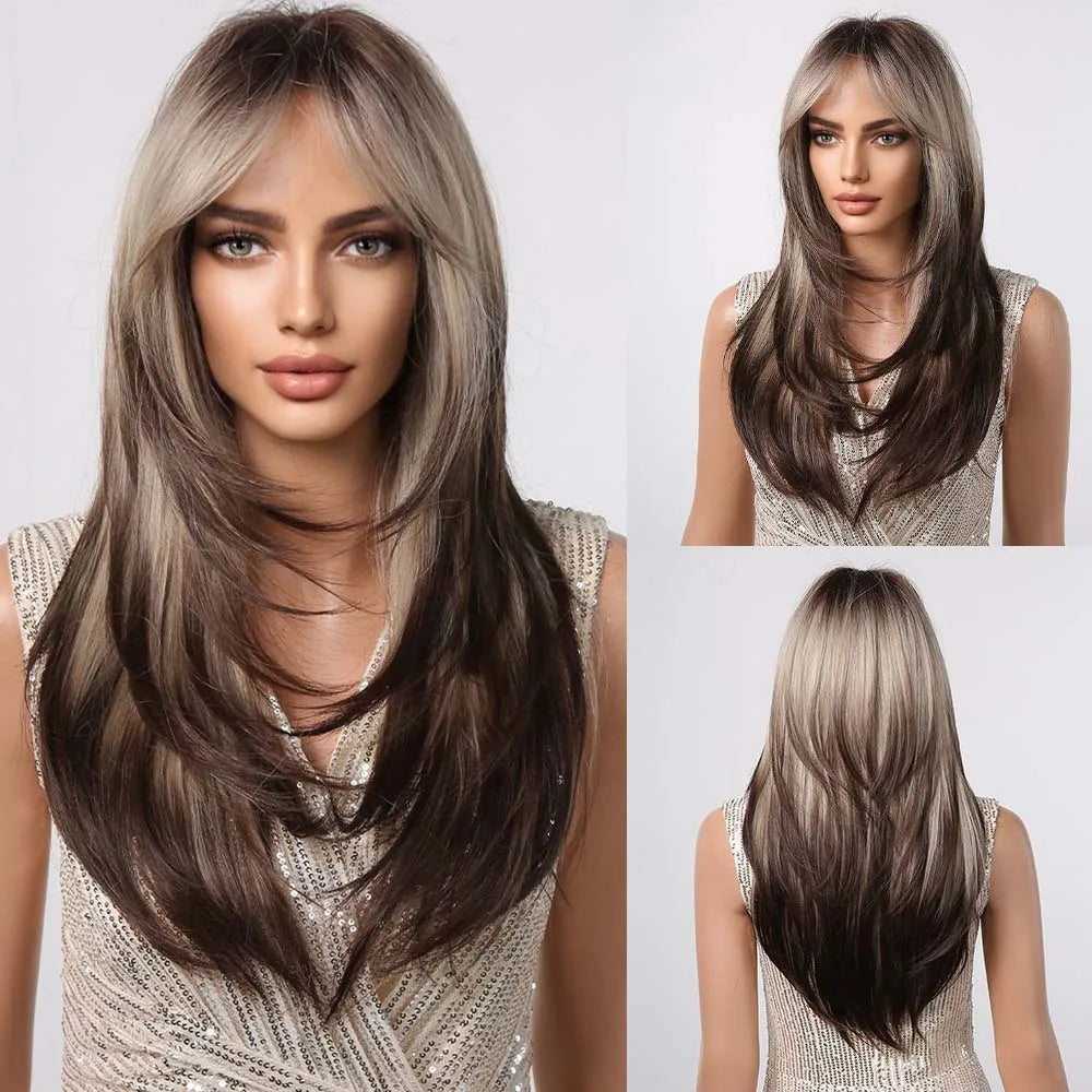 ALAN EATON Long Blonde Wigs for Women Synthetic Hair Wig with Fringe Ombre Color with Dark Roots Layered Wigs Heat Resistant