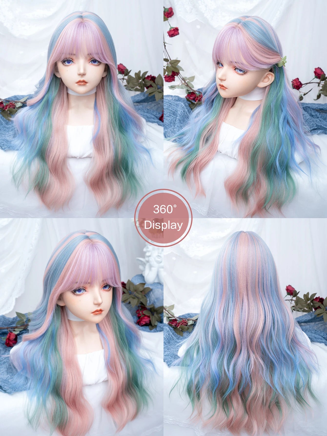 28Inch Iridescent Rainbow Color Multicolour Synthetic Wigs with Bang Long Natural Wavy Hair Wig