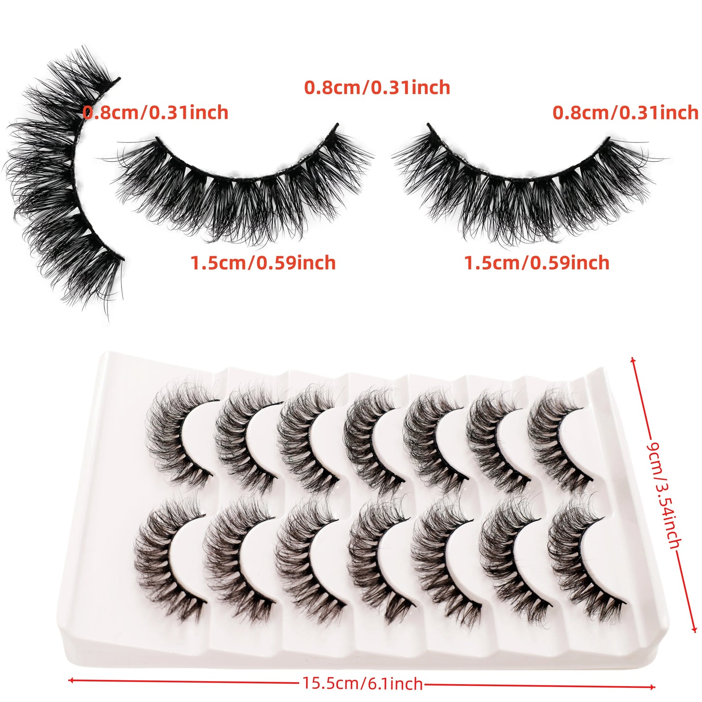 7 pairs of naturally soft false eyelashes with lightweight design, 3D curling, and D-shaped curling