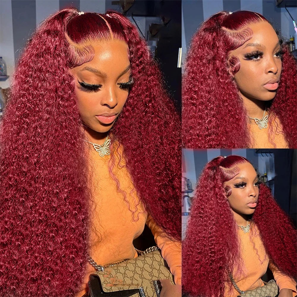 13x4 13x6 Deep Curly Lace Frontal Wig Transparent 99J Burgundy Curly Lace Front Wigs Red Colored HD Deep Wave Human Hair Wigs