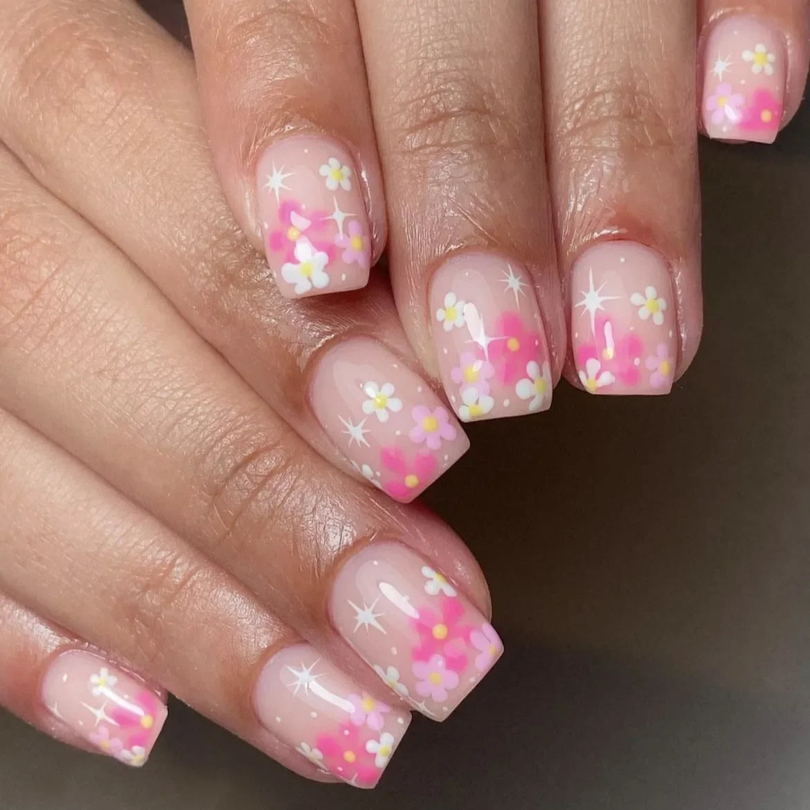 24Pcs Short Almond Press-On Nails Pink Floral French Tip Glossy&Elegant Full Cover Fake Nails