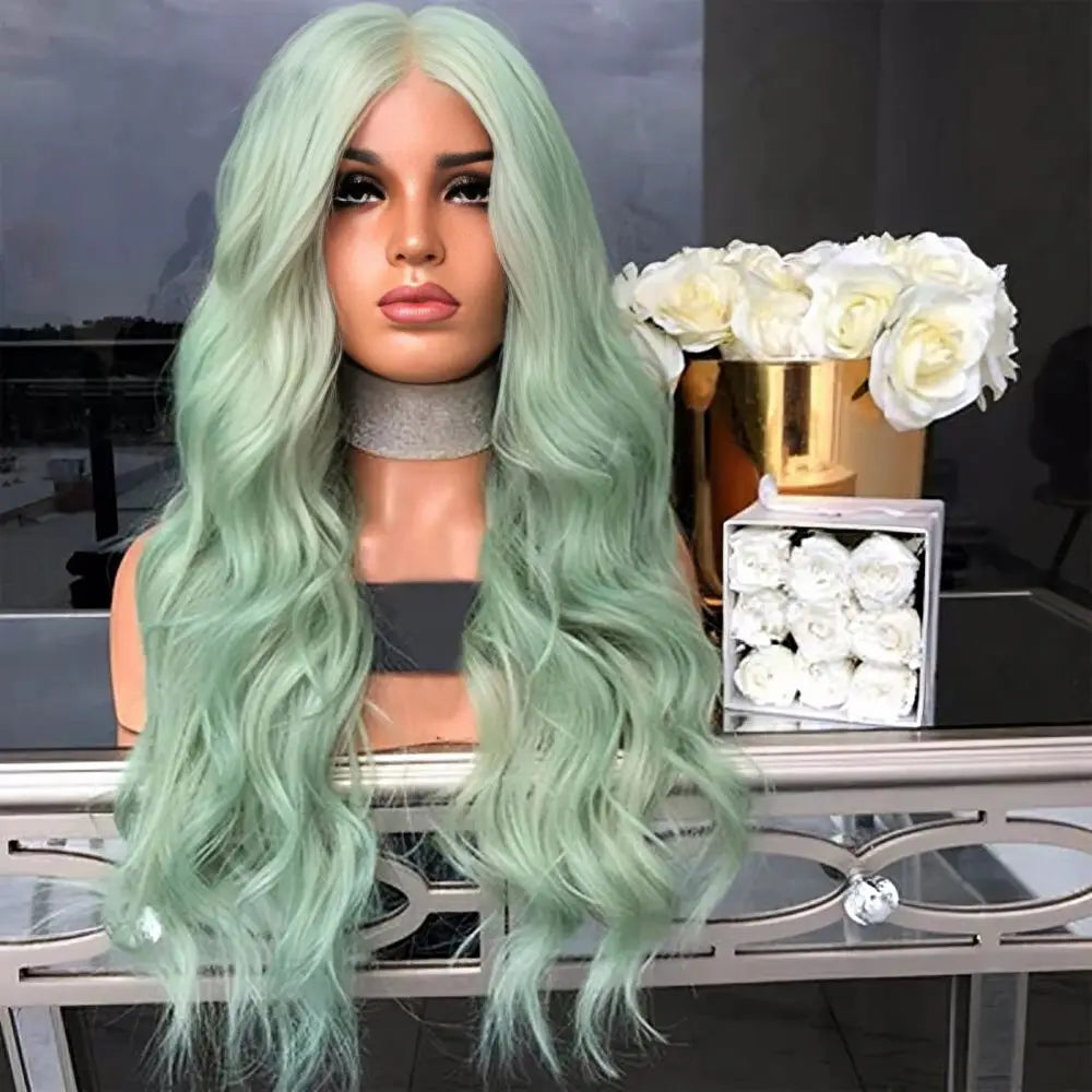 FANXITION Long Light Green Synthetic Hair Loose Wave Cosplay Party Wigs for Black Women Natural Hairline Daily Wear Wigs