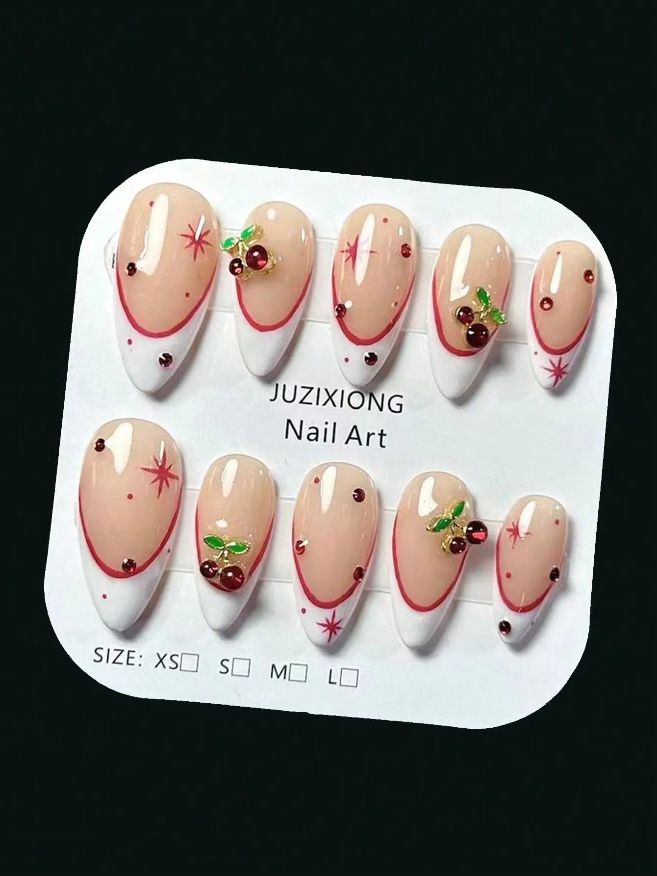 10 pieces of pure handmade almond-shaped nails, with white French tips and red cherry decorations.