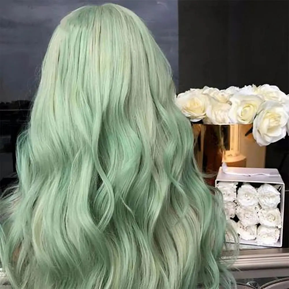 FANXITION Long Light Green Synthetic Hair Loose Wave Cosplay Party Wigs for Black Women Natural Hairline Daily Wear Wigs