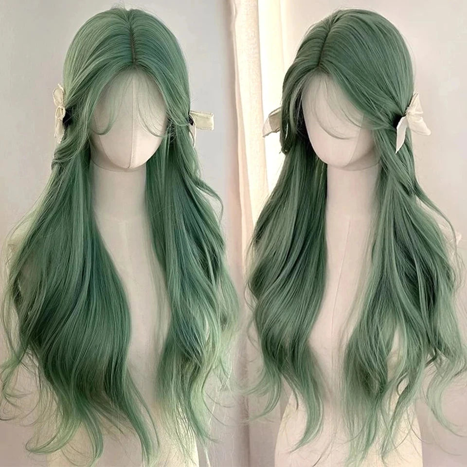 Long Curly Wave Wig with Bangs Blonde Biue Colorful Cosplay Wig for Women