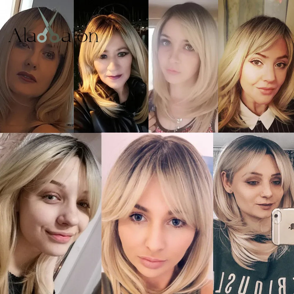 ALAN EATON Long Blonde Wigs for Women Synthetic Hair Wig with Fringe Ombre Color with Dark Roots Layered Wigs Heat Resistant