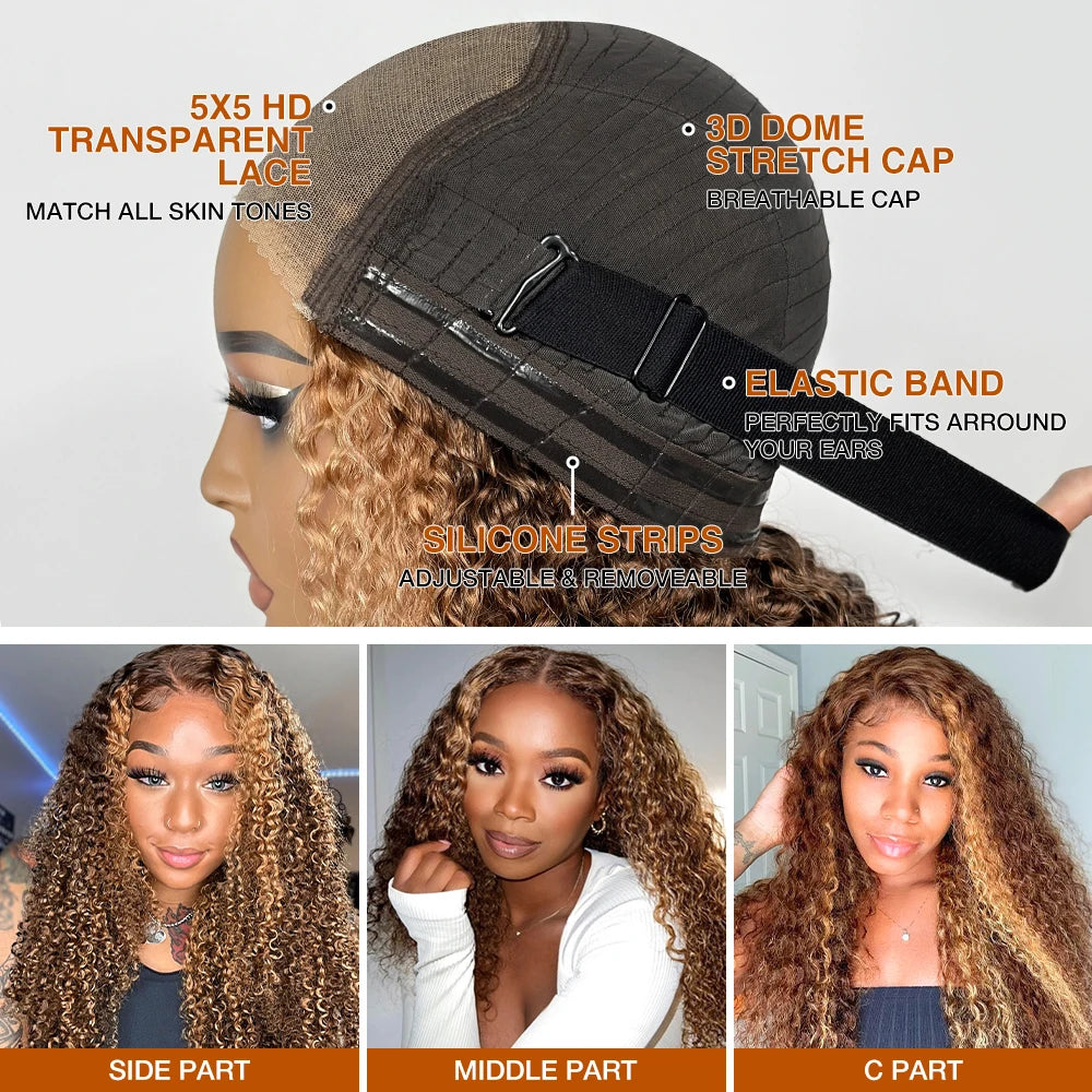 30 Inch Wear and Go Deep Wave Honey Blonde Glueless Wigs 100% Human Hair Highlight Curly Wigs for Women Ombre HD Lace Front Wig