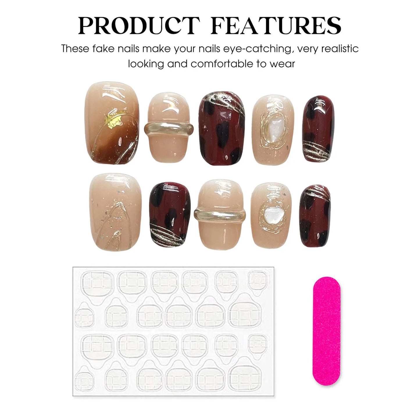 Amber Press On Nails With Gold Dust Handmade Brown Color Nails Short Round Fake Nail