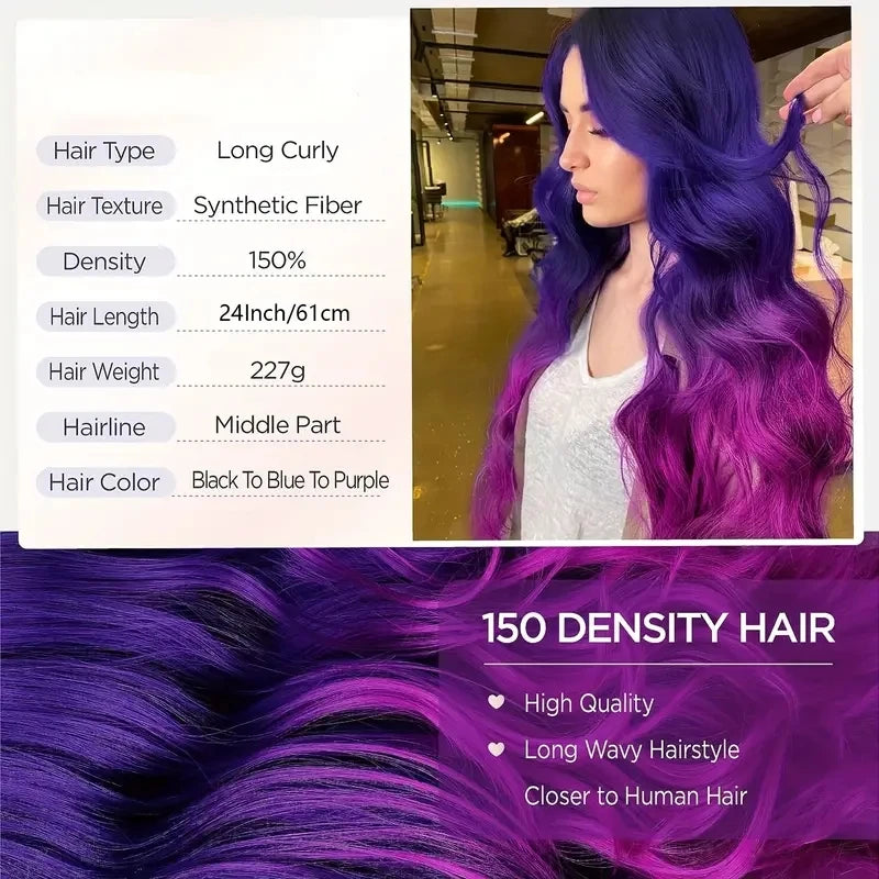Long Purple Wavy Wigs Ombre Purple Body Wave Mermaid Hair Wig F