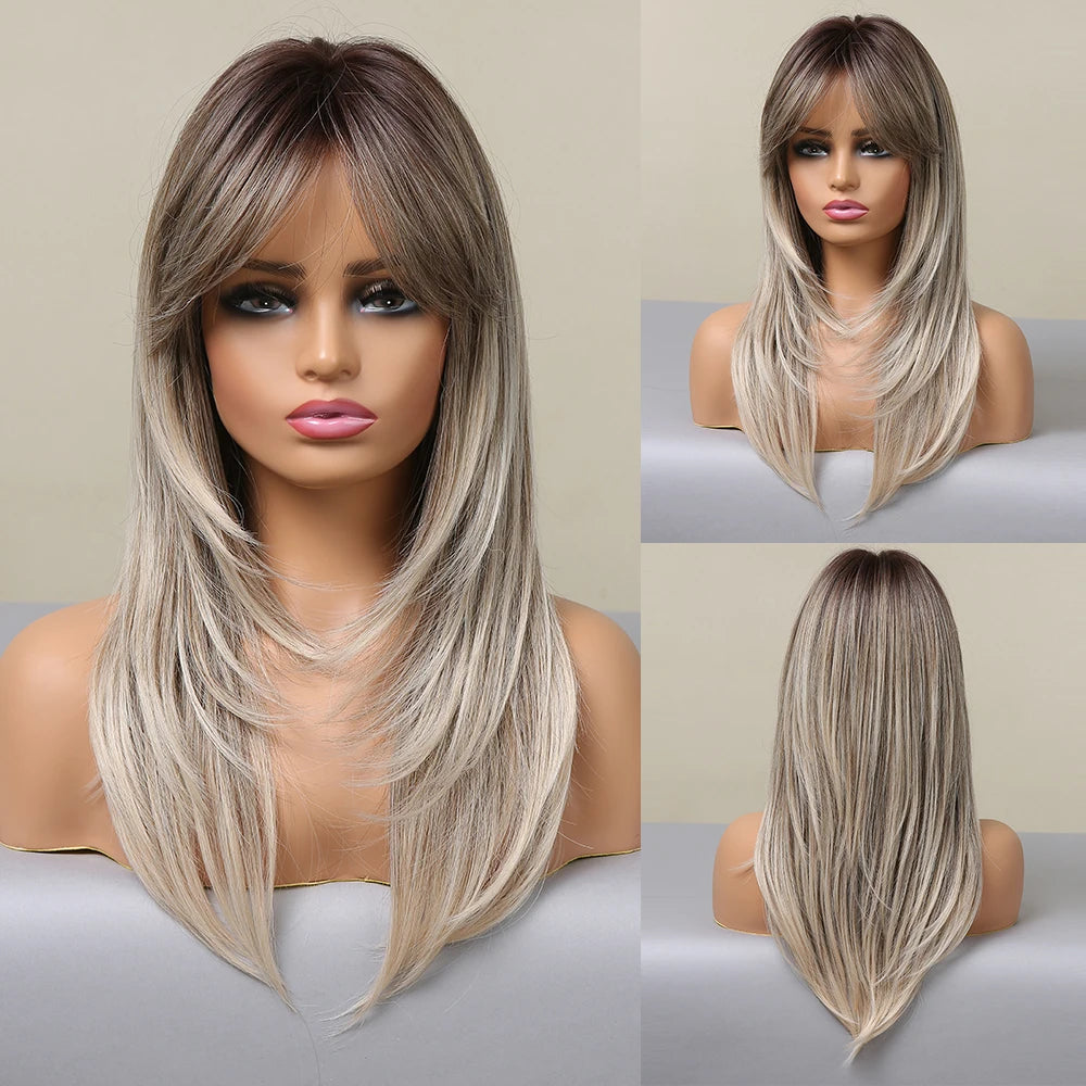 ALAN EATON Long Blonde Wigs for Women Synthetic Hair Wig with Fringe Ombre Color with Dark Roots Layered Wigs Heat Resistant