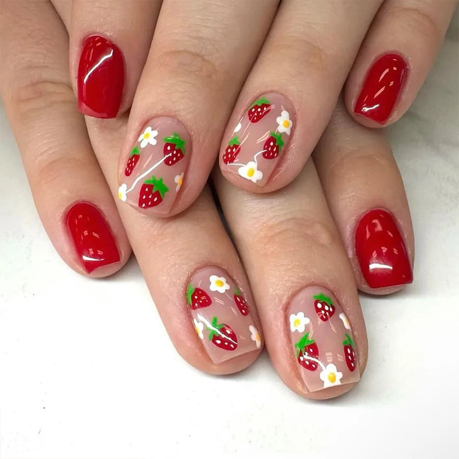 24Pcs Short Almond Press-On Nails Pink Floral French Tip Glossy&Elegant Full Cover Fake Nails
