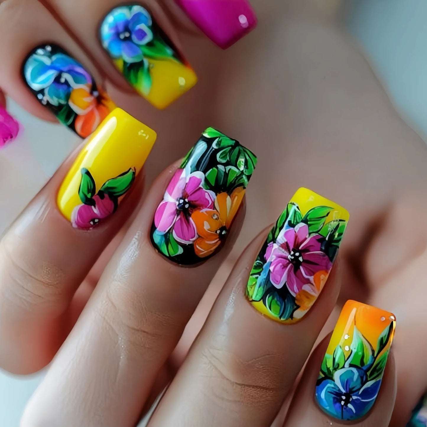24pcs/set Medium long fake nails for women Spring summer flowers butterfly bee design faux ongles tips