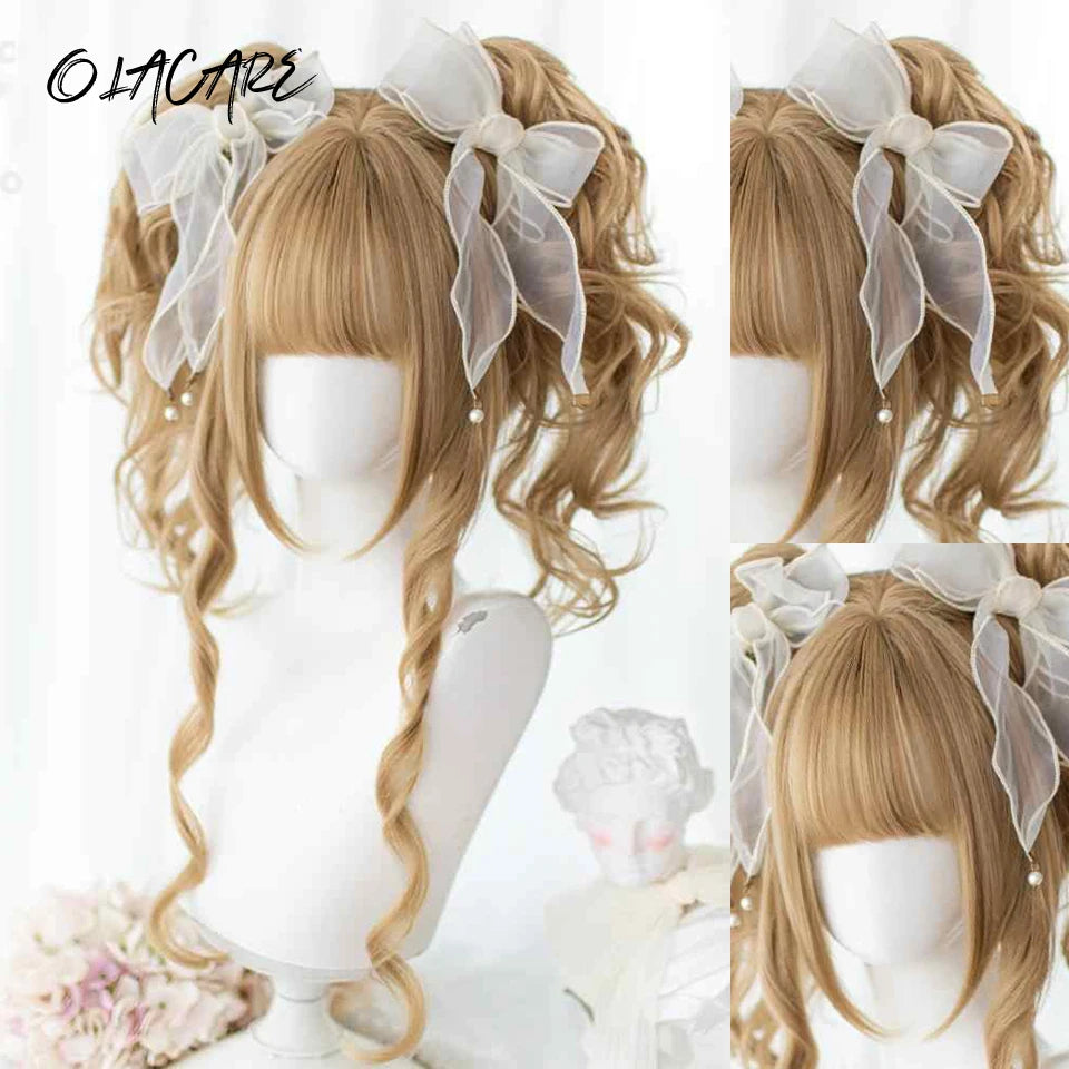 Long Curly Wave Wig with Bangs Blonde Biue Colorful Cosplay Wig for Women