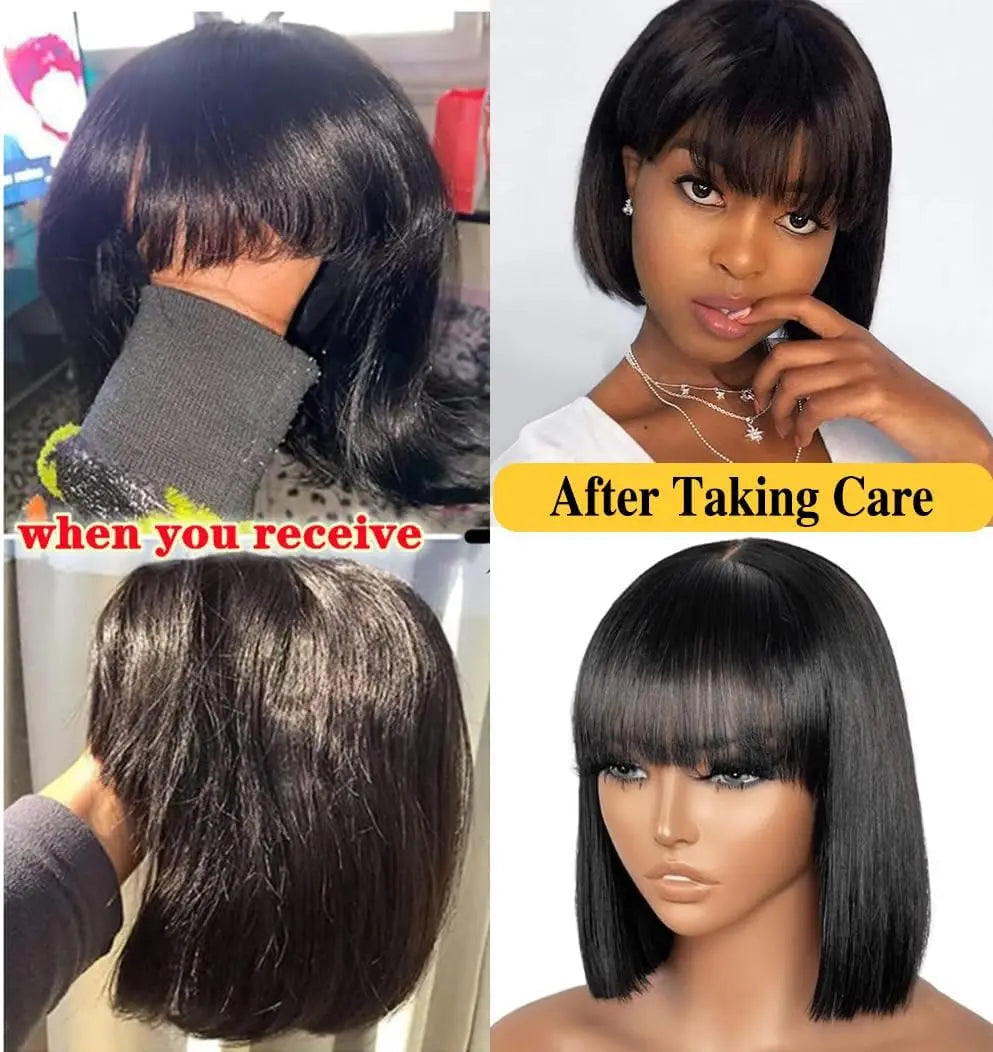 Human Hair Wig with Bang Wear and Go Glueless Wig Straight Short Bob Wig with Bangs