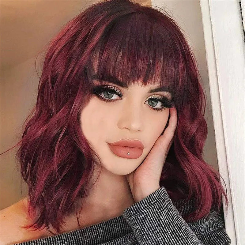 Fashion wig Women's mid-length curly hair air bangs Burgundy shoulder length corn perm synthetic fiber wig set