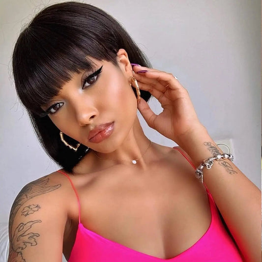 Human Hair Wig with Bang Wear and Go Glueless Wig Straight Short Bob Wig with Bangs