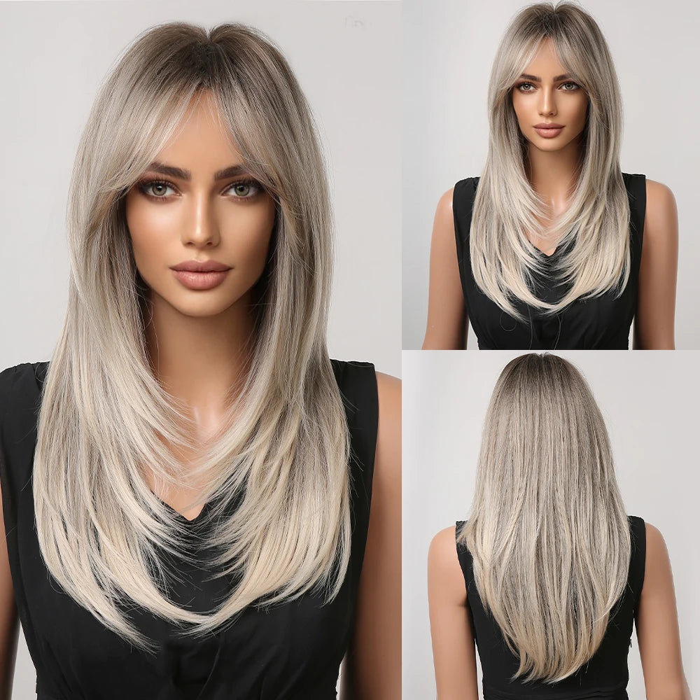 ALAN EATON Long Blonde Wigs for Women Synthetic Hair Wig with Fringe Ombre Color with Dark Roots Layered Wigs Heat Resistant