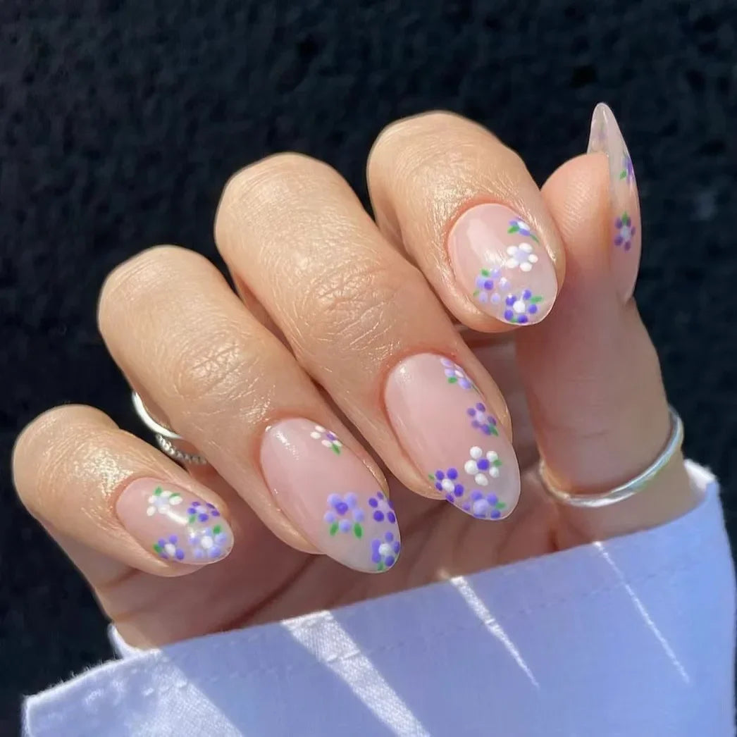 24Pcs Short Almond Press-On Nails Pink Floral French Tip Glossy&Elegant Full Cover Fake Nails