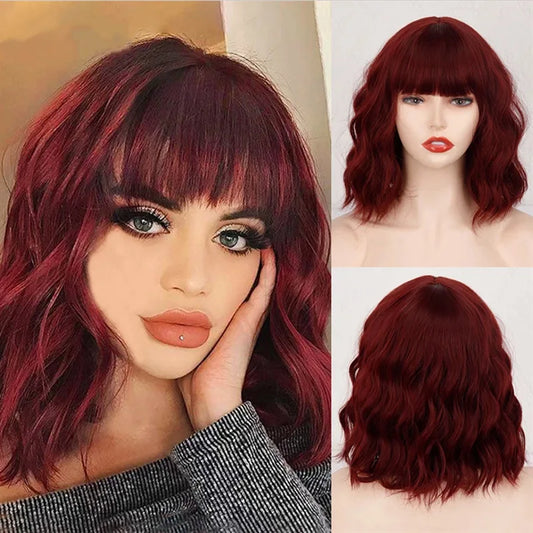 Fashion wig Women's mid-length curly hair air bangs Burgundy shoulder length corn perm synthetic fiber wig set
