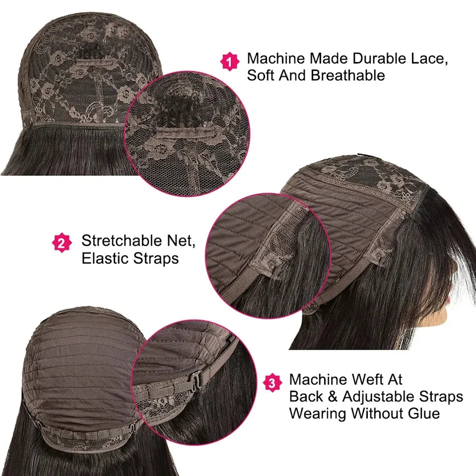 Silky Wig Human Hair Full Machine Made Straight 100% Human Hair Wigs With bangs