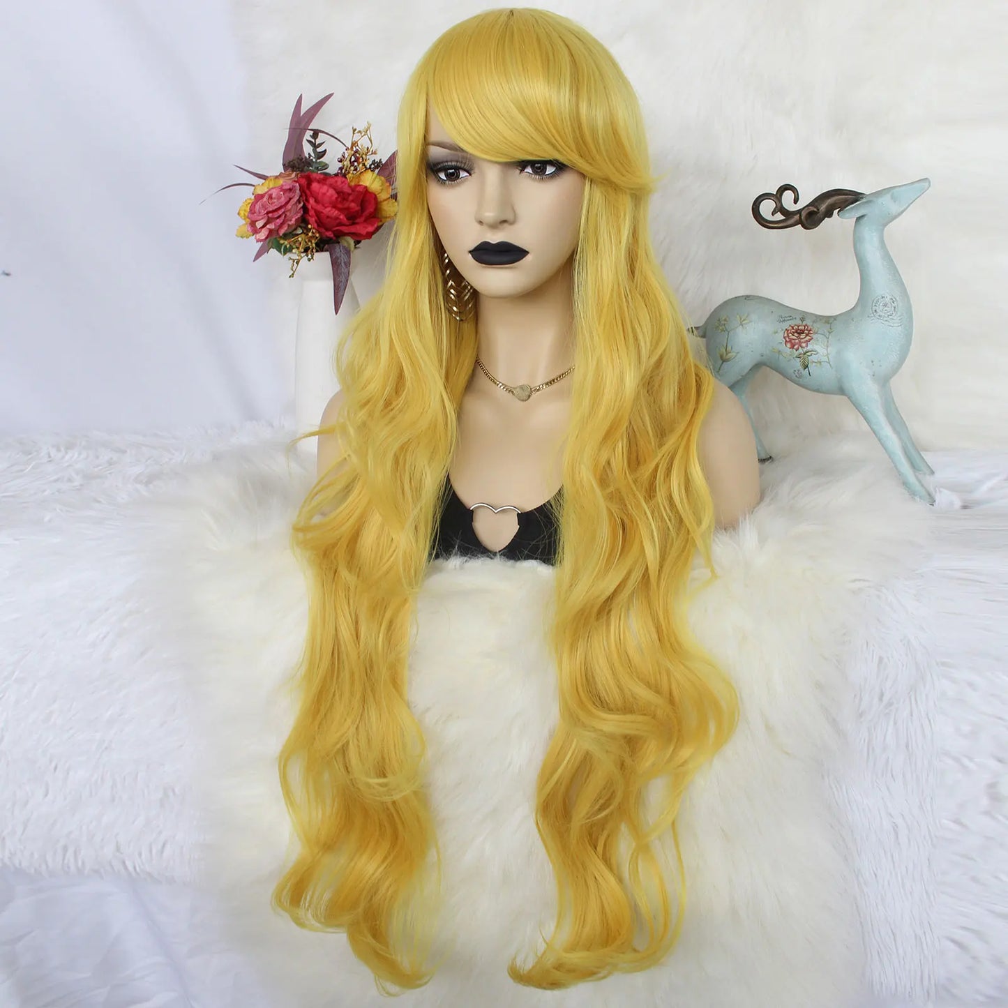 Synthetic hair 30 inches long yellow, loose body wavy and sexy wig with flat bangs,