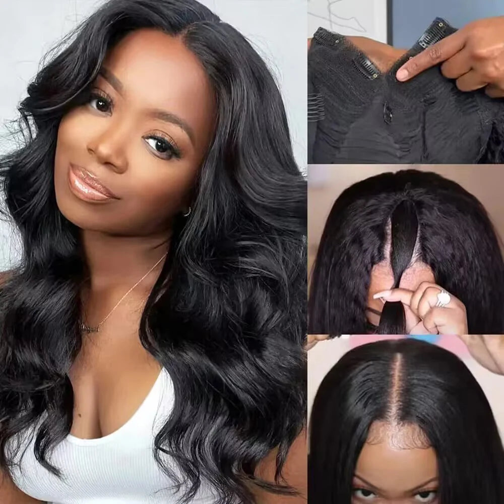 32 Inch Body Wave V Part Wig For Women Brazilian Hair Natural Color Human Hair Wigs 200 Density Machine Made V Shape Wigs