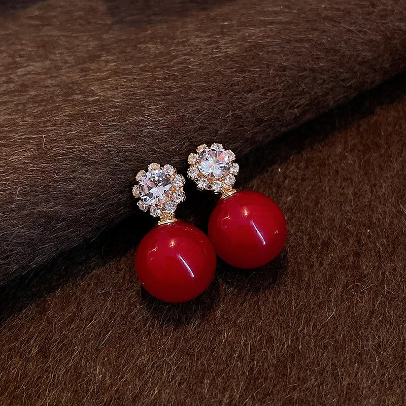 Delicate Red Round Bead Earrings Women's Fashion Inlaid Zircon Earrings Sweet Geometry Earrings