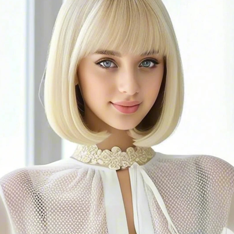 Luxurious 12” gold,color bangs synthetic wig with elegant, voluminous texture for everyday