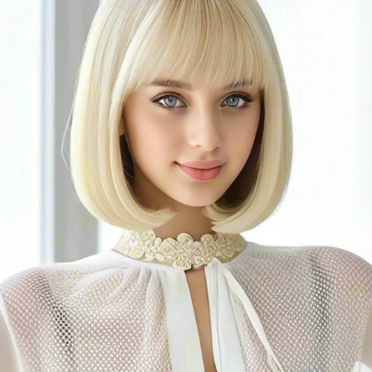 Luxurious 12” gold,color bangs synthetic wig with elegant, voluminous texture for everyday