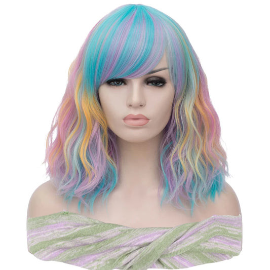 MSIWIGS Synthetic Hair Short Curly Mixed Rainbow Color Fake Hair Purple Blue With Blonde Red Highlight Bob Wig