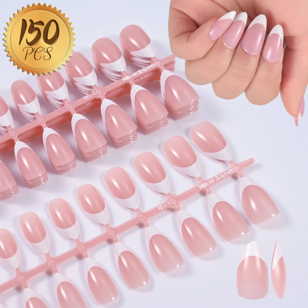 360/150pcs/box Nude Pink Almond French False Nails White Tip Design Short Wearing Fake Nails