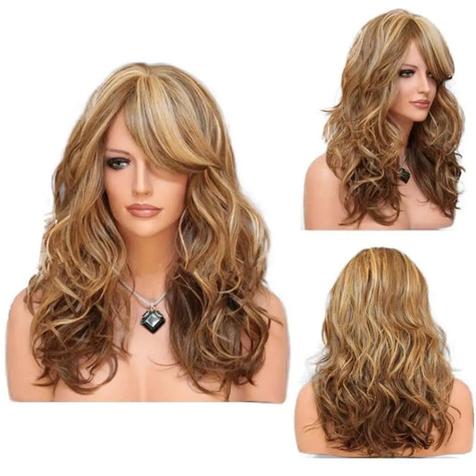Ladies Blonde Long Curly Wigs Women Natural Wavy Synthetic Hair Cosplay Full Wig