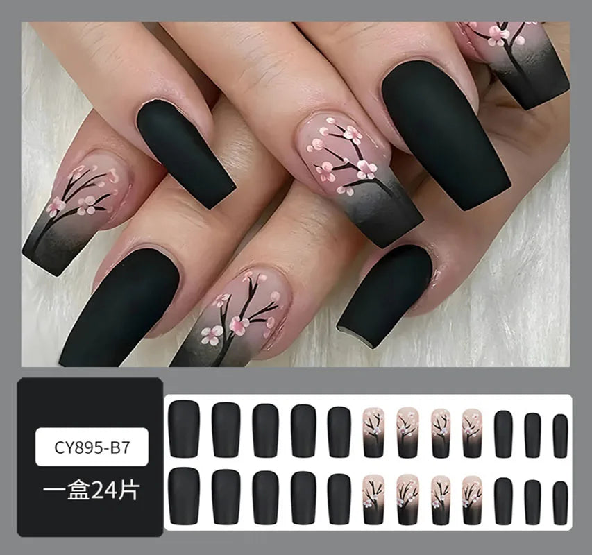 Square Fake Nails for Women DIY Pink Plum Blossom Designs French Press On Nails Wearable Full Cover