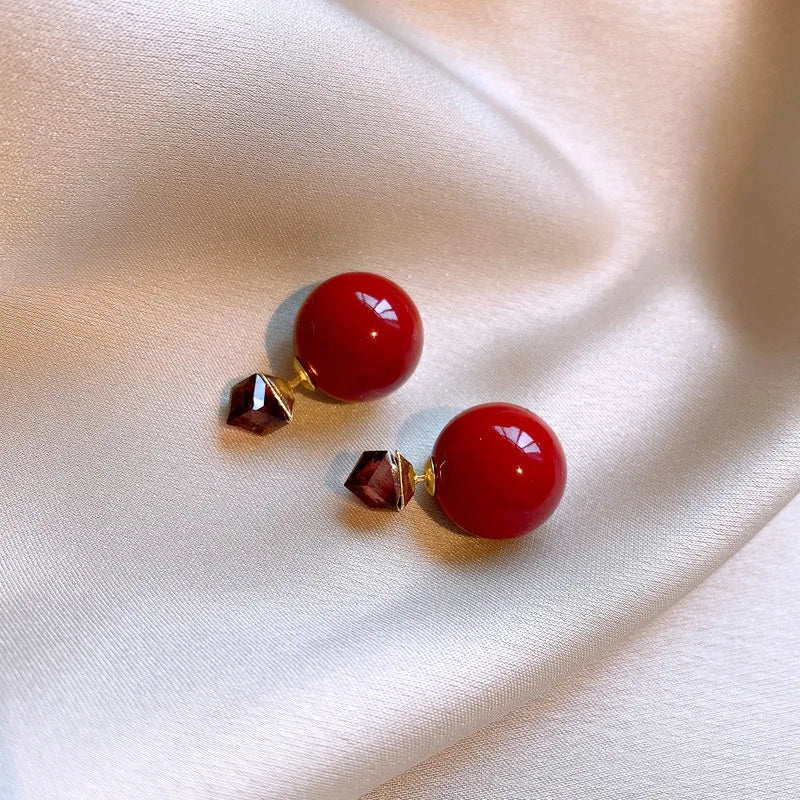 Delicate Red Round Bead Earrings Women's Fashion Inlaid Zircon Earrings Sweet Geometry Earrings