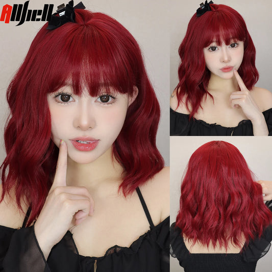 Short Curly Wavy Wigs with Bangs Deep Red Colorful Synthetic Wig Cosplay Hair for Women
