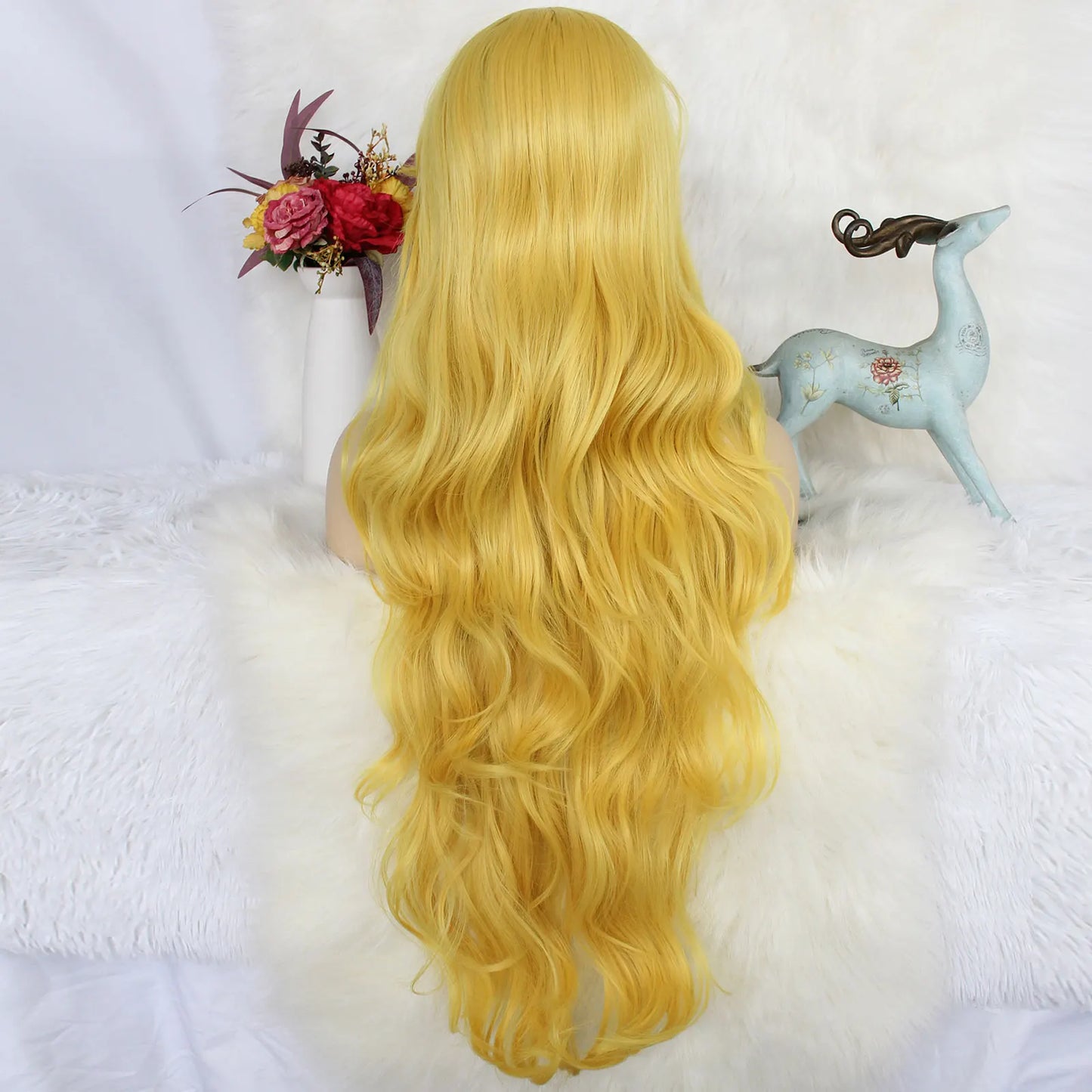 Synthetic hair 30 inches long yellow, loose body wavy and sexy wig with flat bangs,