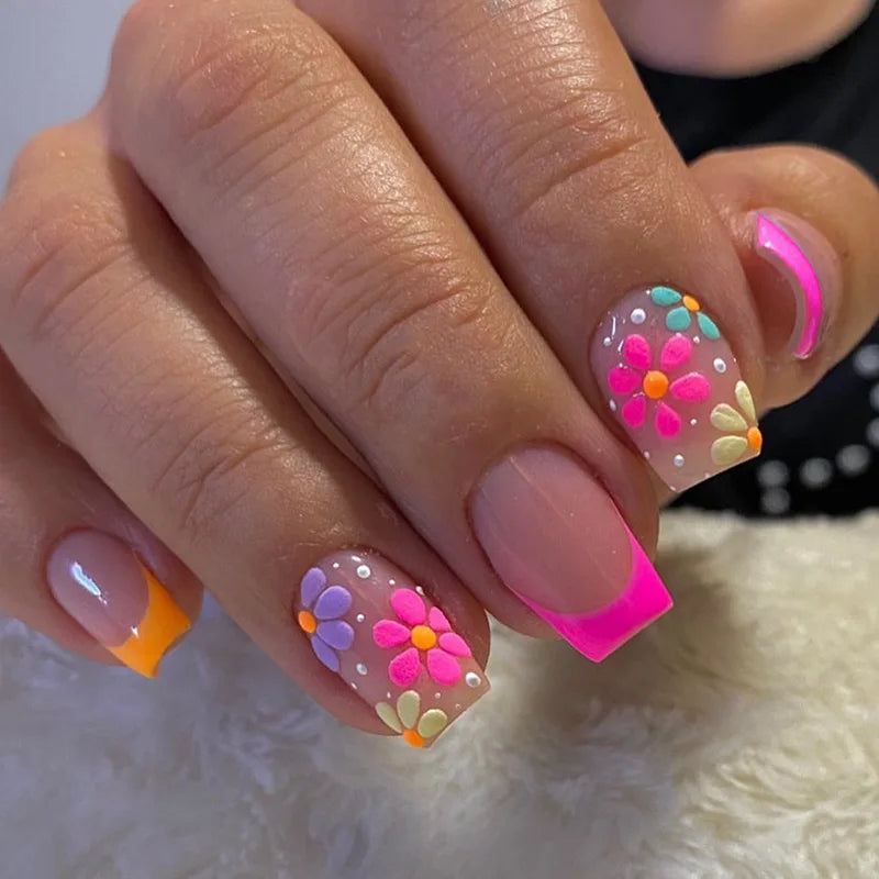 24Pcs Short Almond Press-On Nails Pink Floral French Tip Glossy&Elegant Full Cover Fake Nails