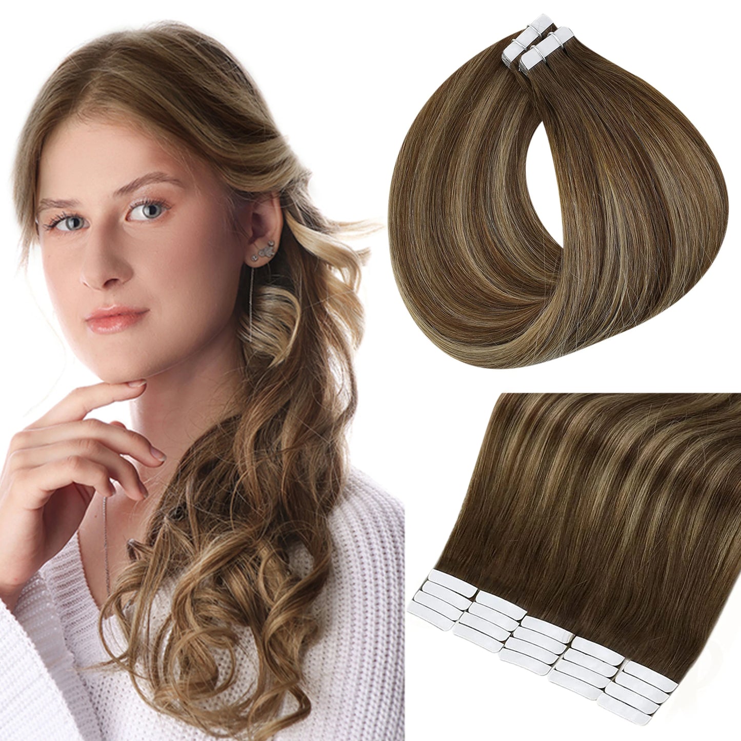 Full Shine Tape in Human Hair Extensions 100% Remy Natural Human Hair Extensions Tape in Omber Blonde Hair Extensions for Women