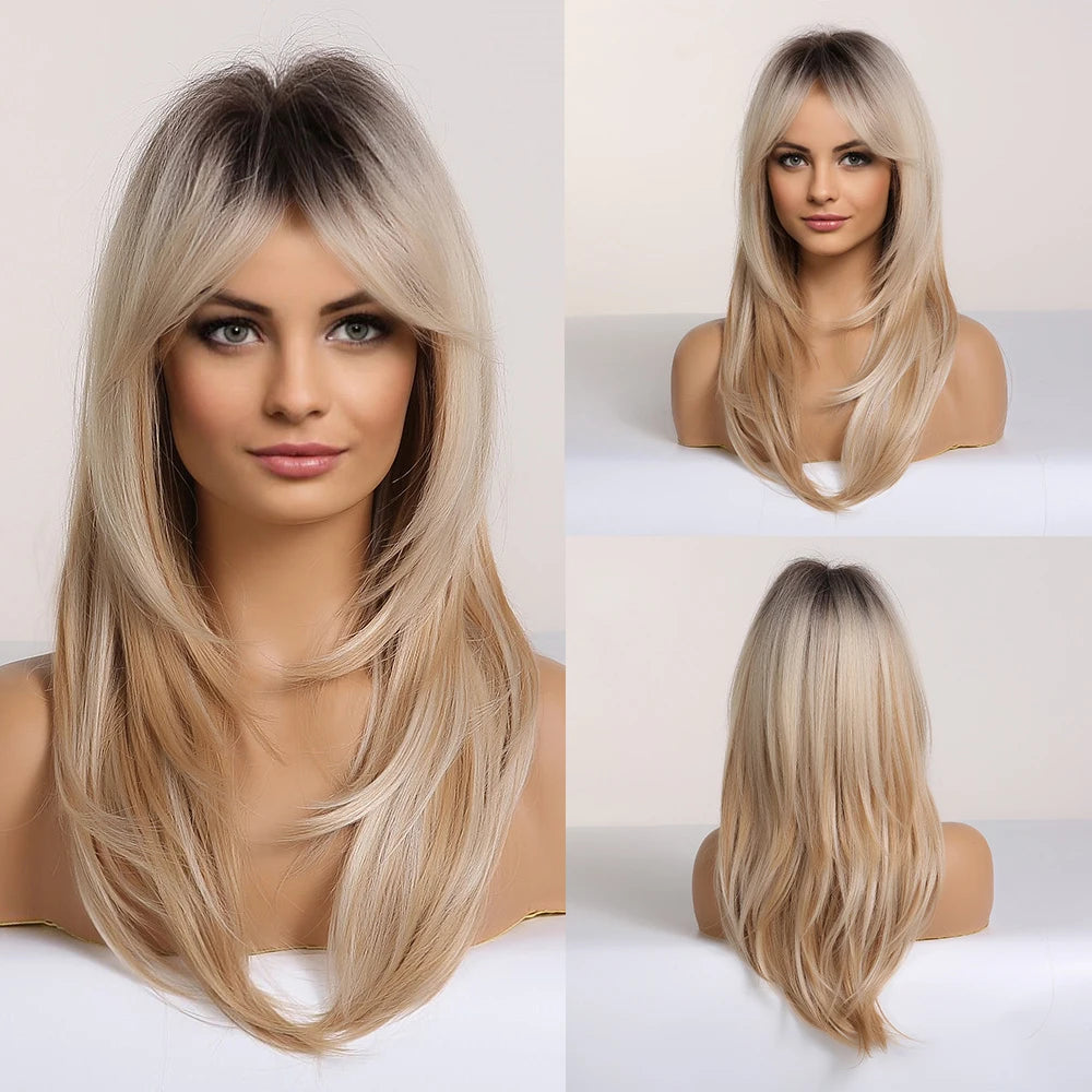 ALAN EATON Long Blonde Wigs for Women Synthetic Hair Wig with Fringe Ombre Color with Dark Roots Layered Wigs Heat Resistant